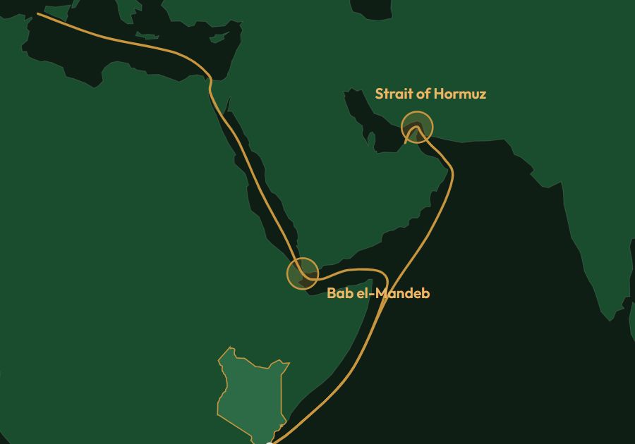Map of the Strait of Hormuz and the Bab el-Mandeb with the sea routes from Mombasa